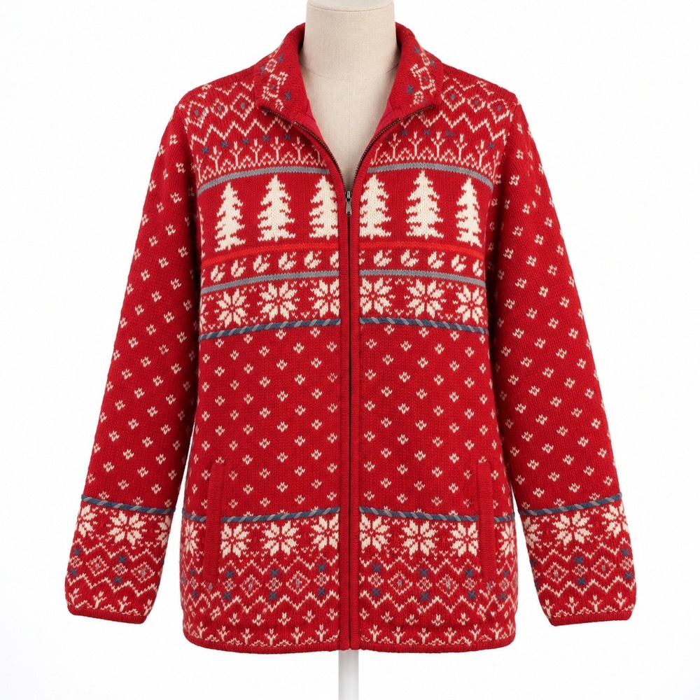 Vintage Fair Isle Snowflake Zip Sweater Sz L Red Christmas Holiday Nordic Pocket